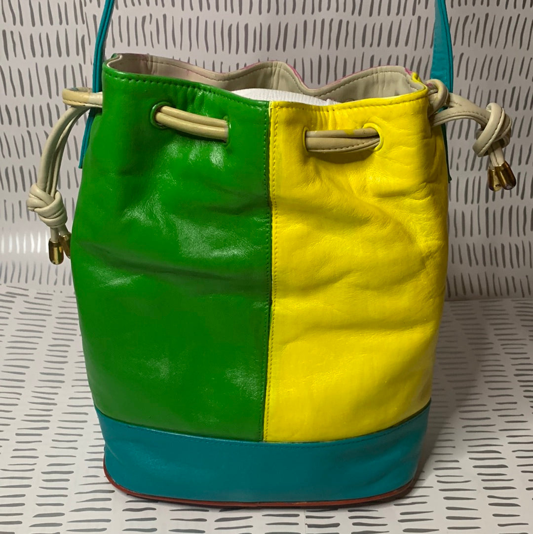 Vintage colorful leather bucket bag