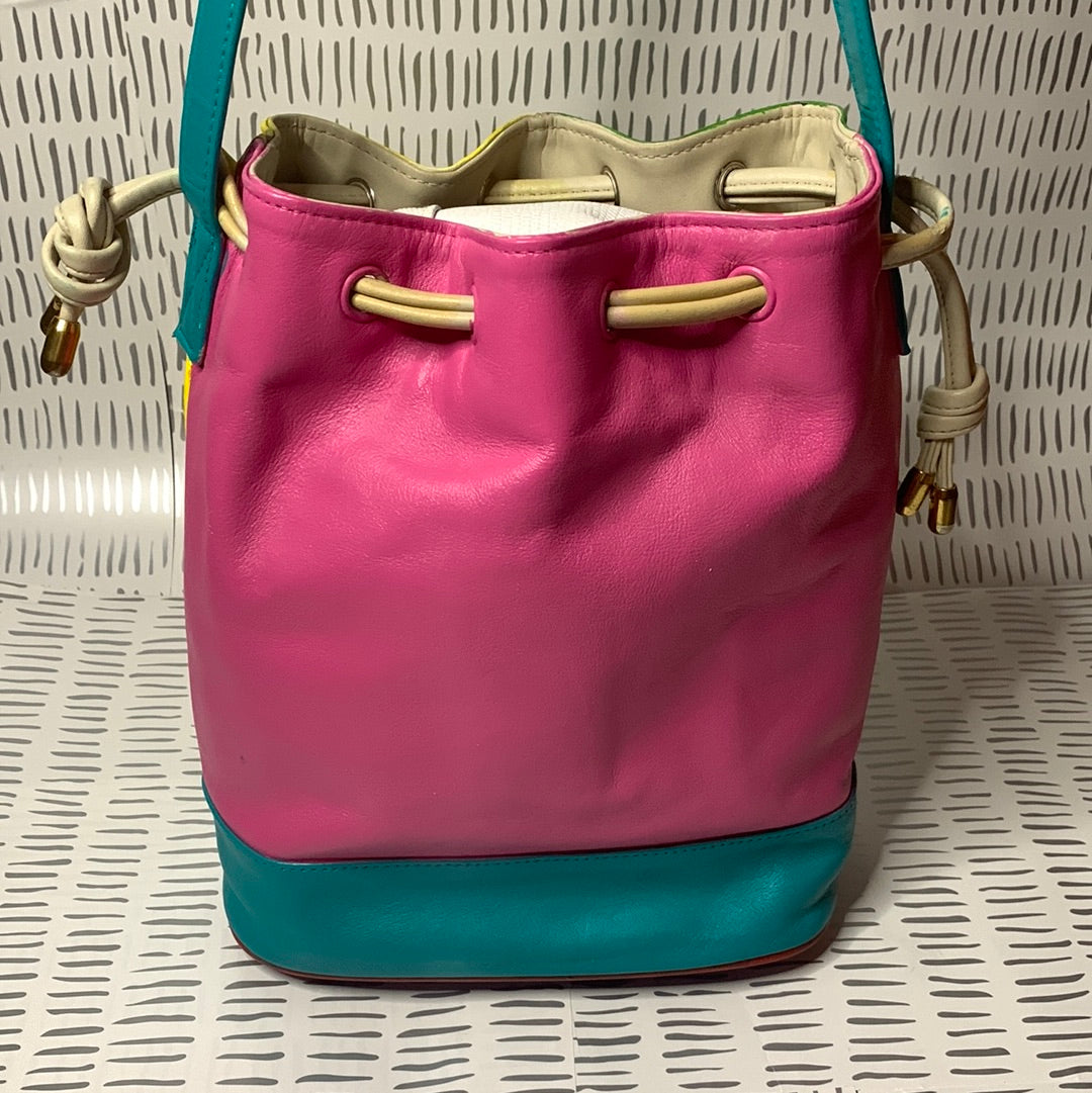 Vintage colorful leather bucket bag